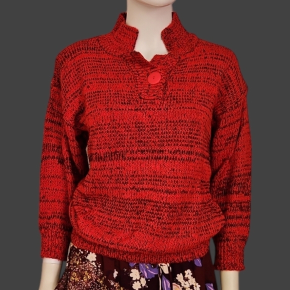 STERLING HARRIS 1980s Red Marled Knit Split Neck Valentine's Pullover Sweater - Picture 1 of 7